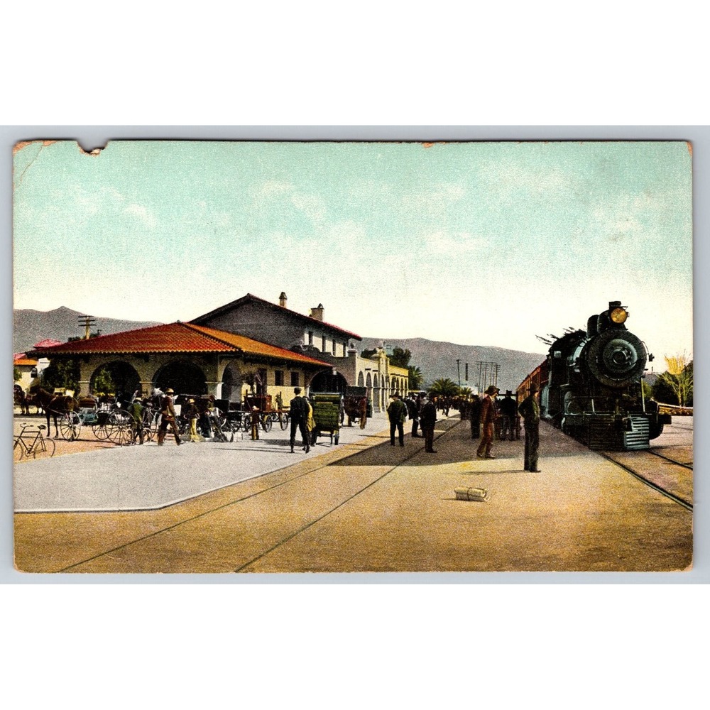 Santa Barbara CA Southern Pacific Depot Mission Style Train Steam Postcard 1907